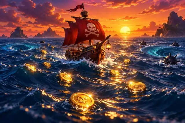 A pirate ship sails through deep blue water, chasing bright gold coins and avoiding sea mines.